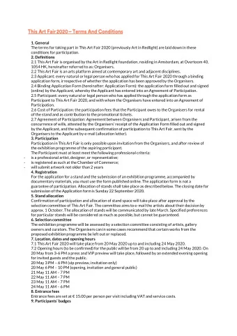 1. General  The terms for taking part in This Art Fair 2020 (previously Art in Redlight) are laid