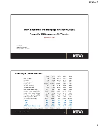 MBA Economic and Mortgage Finance Outlook  Prepared for AFM Conference  CREF Session  November