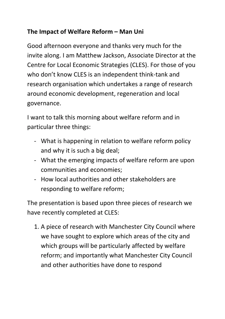 the impact of welfare reform man uni good afternoon