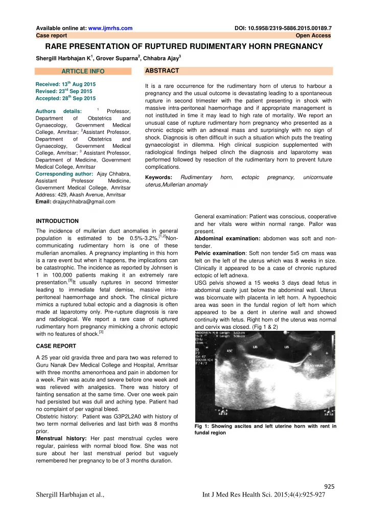 rare presentation of ruptured rudimentary horn pregnancy