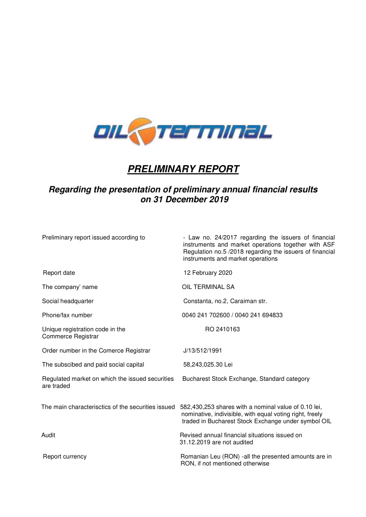 preliminary annual financial results on 31 12 2019 a