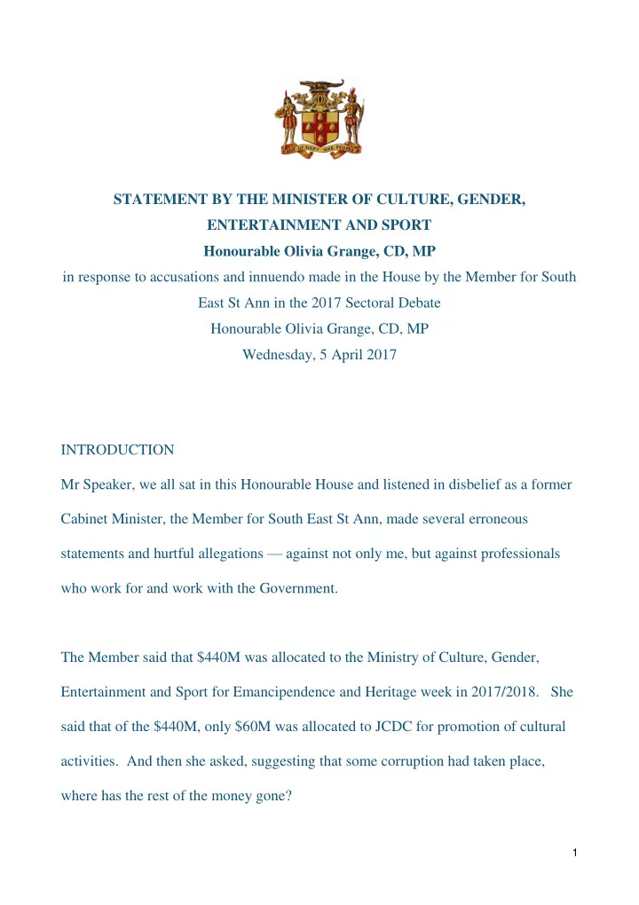 statement by the minister of culture gender entertainment