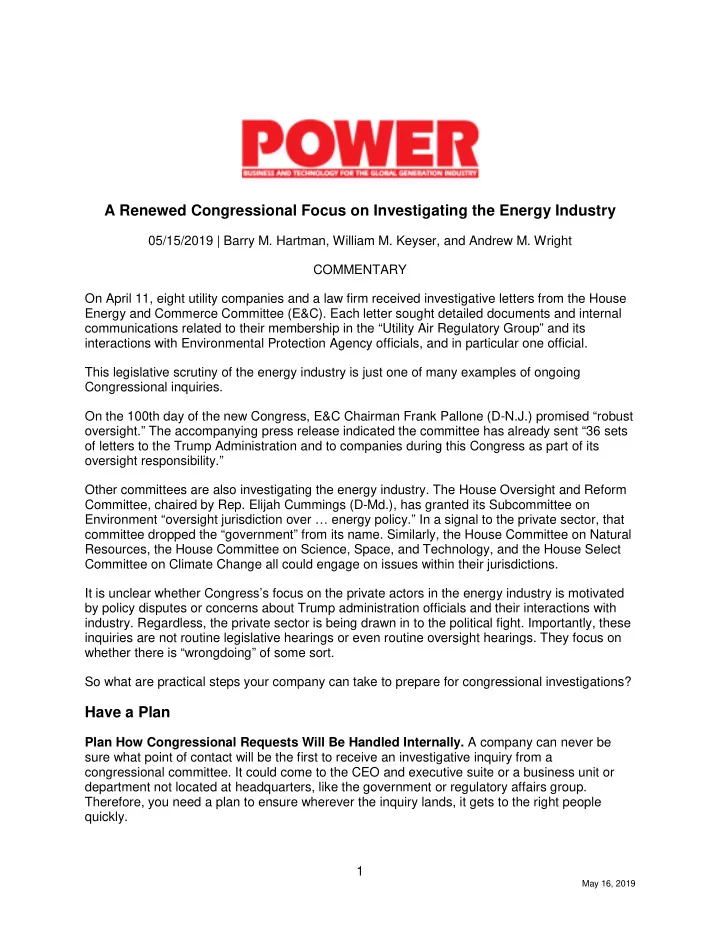 a renewed congressional focus on investigating the energy