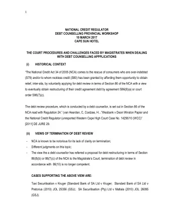 1  NATIONAL CREDIT REGULATOR  DEBT COUNSELLING PROVINCIAL WORKSHOP  10 MARCH 2017  CAPE SUN HOTEL