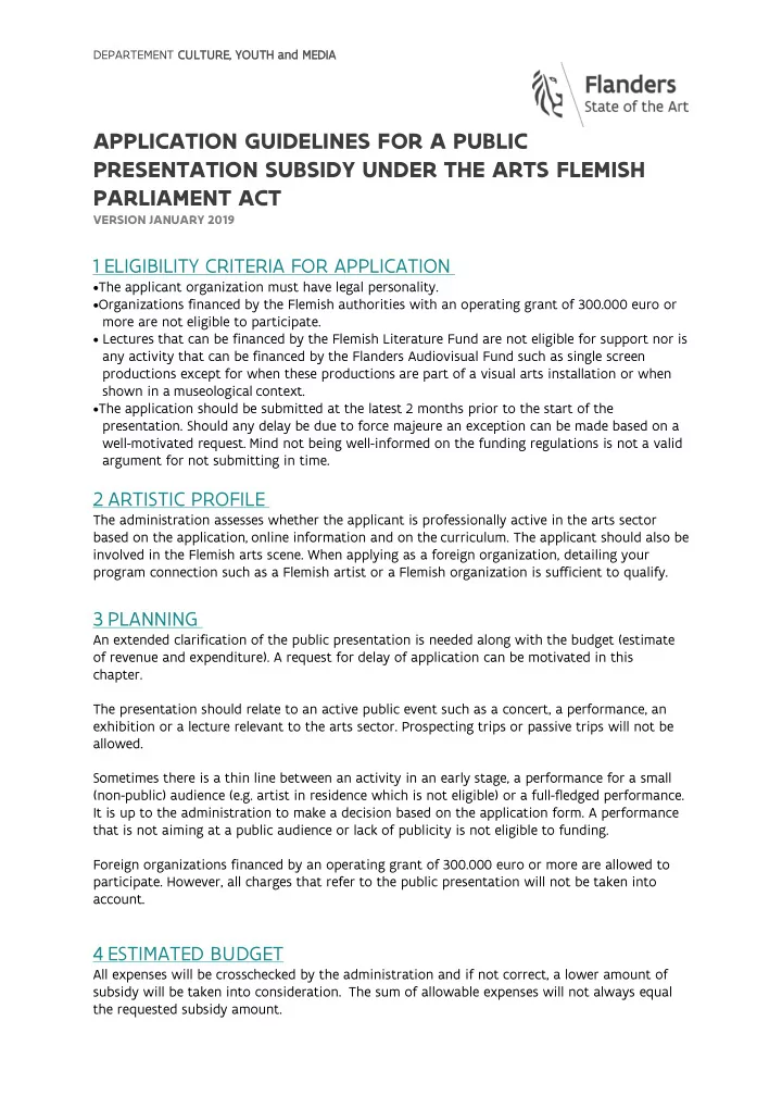 application guidelines for a public presentation subsidy