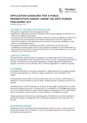 APPLICATION GUIDELINES FOR A PUBLIC  PRESENTATION SUBSIDY UNDER THE ARTS FLEMISH PARLIAMENT ACT