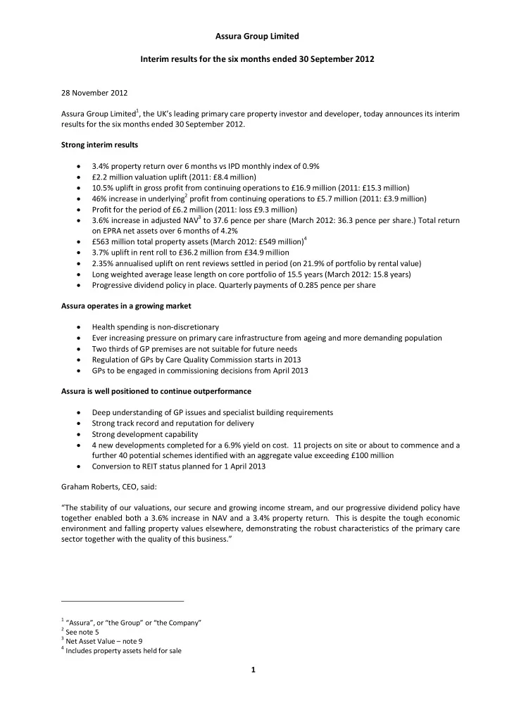 assura group limited interim results for the six months