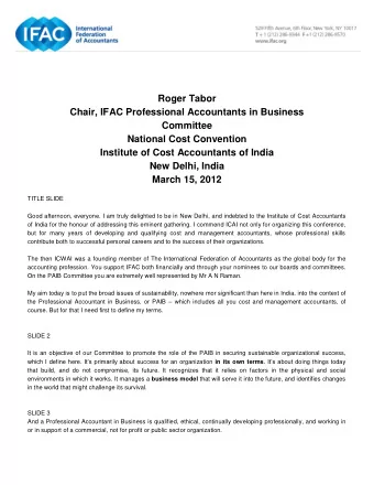 Roger Tabor  Chair, IFAC Professional Accountants in Business  Committee  National Cost Convention