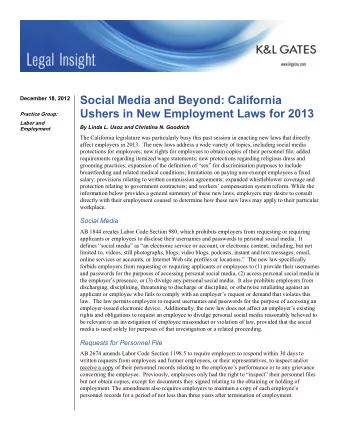 Social Media and Beyond: California  December 18, 2012  Ushers in New Employment Laws for 2013
