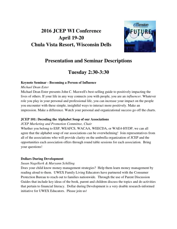 2016 jcep wi conference april 19 20 chula vista resort