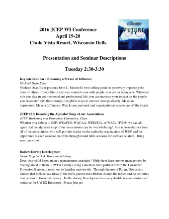 2016 JCEP WI Conference  April 19-20  Chula Vista Resort, Wisconsin Dells  Presentation and Seminar