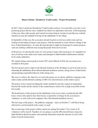 Diana Ciobanu - Eisenhower Youth Leader  Project Presentation  In 2017, when I started my