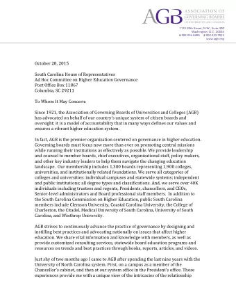 October 28, 2015  South Carolina House of Representatives  Ad Hoc Committee on Higher Education