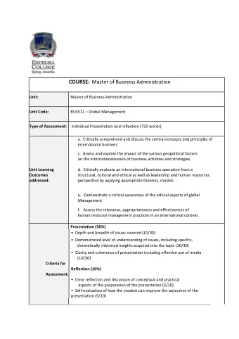 COURSE: Master of Business Administration  Unit:  Master of Business Administration  Unit Code: