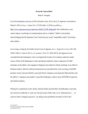 From the Top in Brief  Mark G. Douglas  In its first bankruptcy decision of 2014 (October Term,