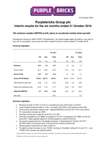 Purplebricks Group plc  Interim results for the six months ended 31 October 2016  UK achieves