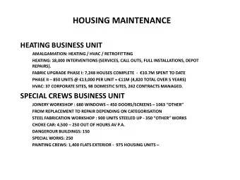 HOUSING MAINTENANCE  HEATING BUSINESS UNIT  AMALGAMATION: HEATING / HVAC / RETROFITTING  HEATING: