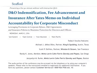 D&amp;O Indemnification, Fee Advancement and  Insurance After Yates Memo on Individual