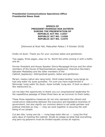 Presidential Communications Operations Office Presidential News Desk SPEECH OF PRESIDENT RODRIGO