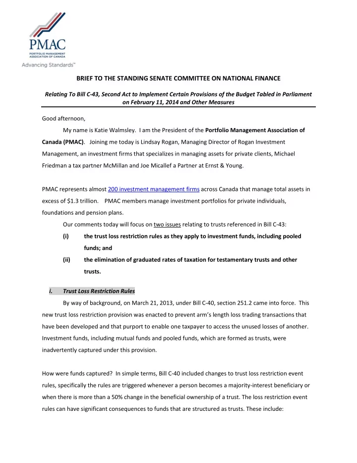 brief to the standing senate committee on national finance
