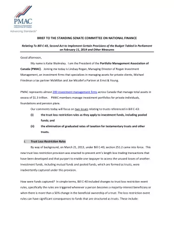 BRIEF TO THE STANDING SENATE COMMITTEE ON NATIONAL FINANCE  Relating To Bill C-43, Second Act to