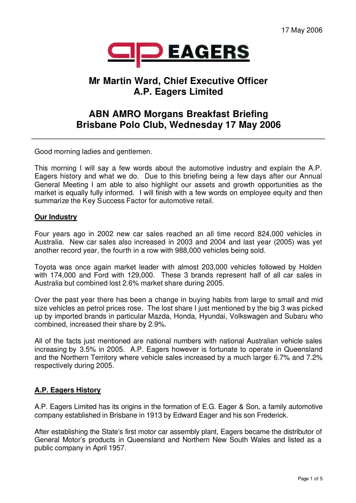mr martin ward chief executive officer a p eagers limited