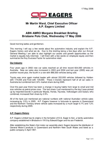 Mr Martin Ward, Chief Executive Officer  A.P. Eagers Limited  ABN AMRO Morgans Breakfast Briefing