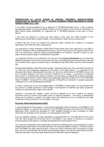 PRESENTATION  BY  ALHAJI  BASHIR  M.  BORODO,  PRESIDENT,  MANUFACTURERS ASSOCIATION OF NIGERIA AT