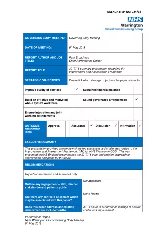 AGENDA ITEM NO: 024/18  GOVERNING BODY MEETING:  Governing Body Meeting 9 th May 2018  DATE OF