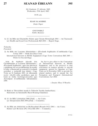IREANN  27  SEANAD E  395  De   Ce adaoin, 27 Aibrea n, 2005 Wednesday, 27 th April, 2005