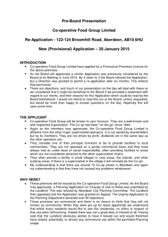 Pre-Board Presentation  Co-operative Food Group Limited  Re-Application - 122-124 Broomhill Road,