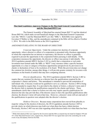 September 30, 2014  Maryland Legislature Approves Changes to the Maryland General Corporation Law