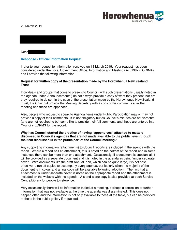 25 march 2019 dear response official information request