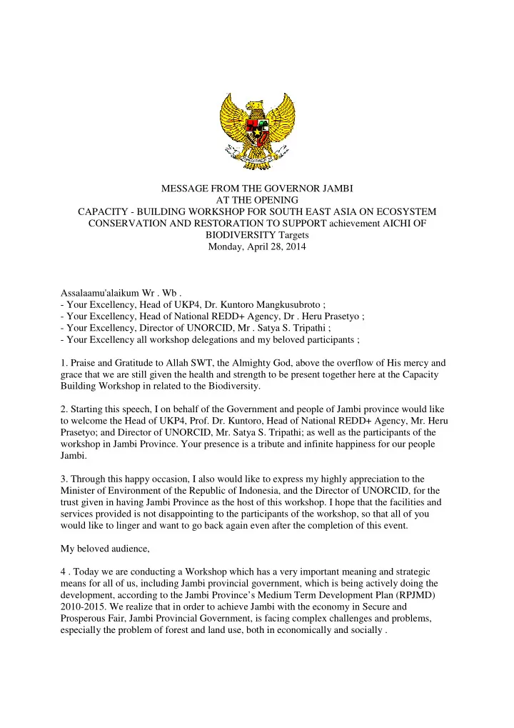 message from the governor jambi at the opening capacity