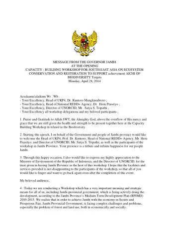 MESSAGE FROM THE GOVERNOR JAMBI  AT THE OPENING  CAPACITY - BUILDING WORKSHOP FOR SOUTH EAST ASIA