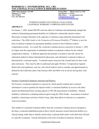 RODERICK C. STONEBURNER, M.S., CRC VOCATIONAL EVALUATION &amp; REHABILITATION  23905 Clinton Keith