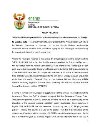 MEDIA RELEASE  DoE Annual Report presentation to Parliamentary Portfolio Committee on Energy 15