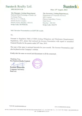 Re  Results Presentation st Qua 1 st  Quarter  er, FY2020  NS  NSE:  : SUNT  NTECK  K | BSE:  :