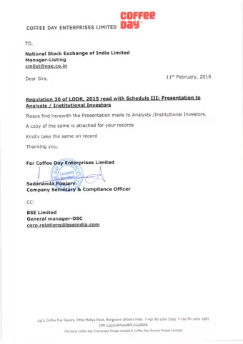 Coffee Day Enterprises Limited  Financial Highlights  Q3-FY 16  YTD Dec 15 -FY 16  Total net