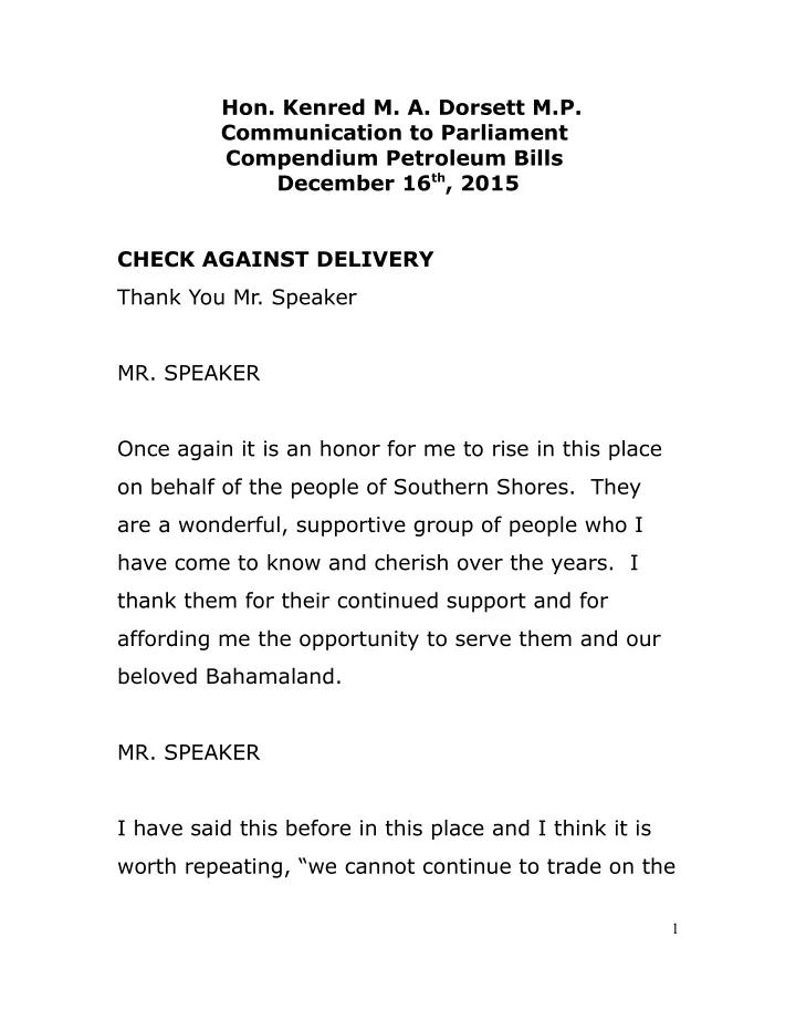 hon kenred m a dorsett m p communication to parliament