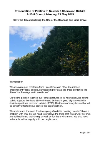 Presentation of Petition to Newark &amp; Sherwood District  At Full Council Meeting: 21 May 2019
