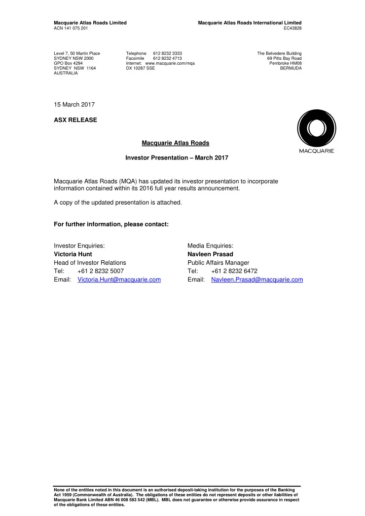 15 march 2017 asx release macquarie atlas roads investor