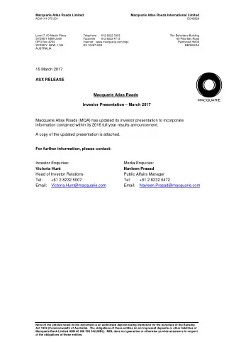 15 March 2017  ASX RELEASE  Macquarie Atlas Roads Investor Presentation  March 2017  Macquarie