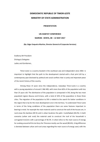 DEMOCRATIC REPUBLIC OF TIMOR-LESTE  MINISTRY OF STATE ADMINISTRATION  PRESENTATION  UN-HABITAT