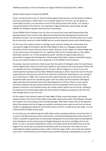 ASWAR presentation of Proof of Evidence for Appeal APP/E3715/A/14/2227479 - DRAFT  Spoken Evidence