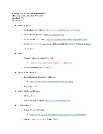Reading List for NEPAB Presentation:  Burnout is a Leadership Problem  Loveland, CO  18 Jan