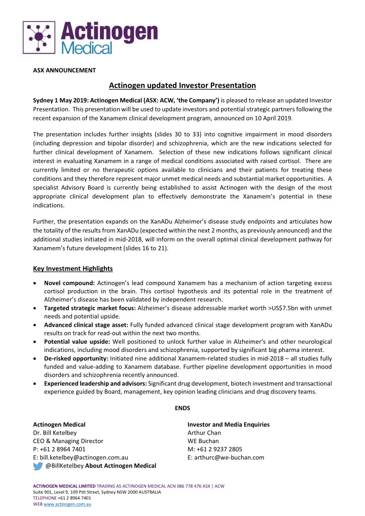 actinogen updated investor presentation
