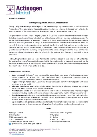 Actinogen updated Investor Presentation Sydney 1 May 2019: Actinogen Medical (ASX: ACW, the
