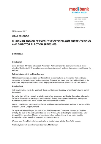 ASX release  CHAIRMAN AND CHIEF EXECUTIVE OFFICER AGM PRESENTATIONS  AND DIRECTOR ELECTION SPEECHES
