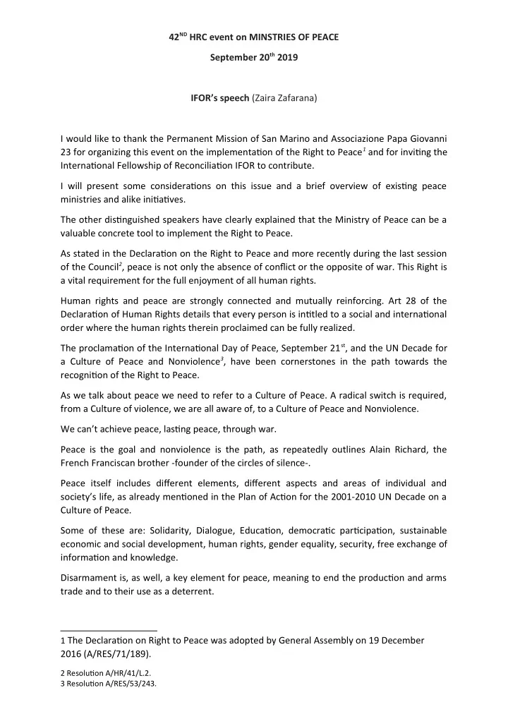 42 nd hrc event on minstries of peace september 20 th